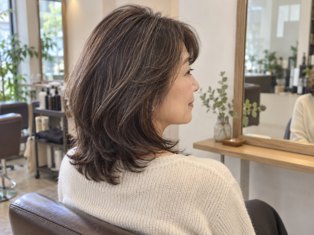 白髪を自然に生かしたミディアムヘアの髪色イメージ