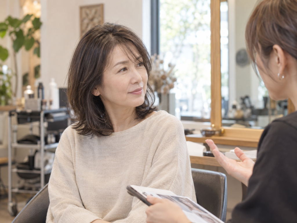 細い髪の白髪ぼかしについて美容師と相談する50代女性のイメージ